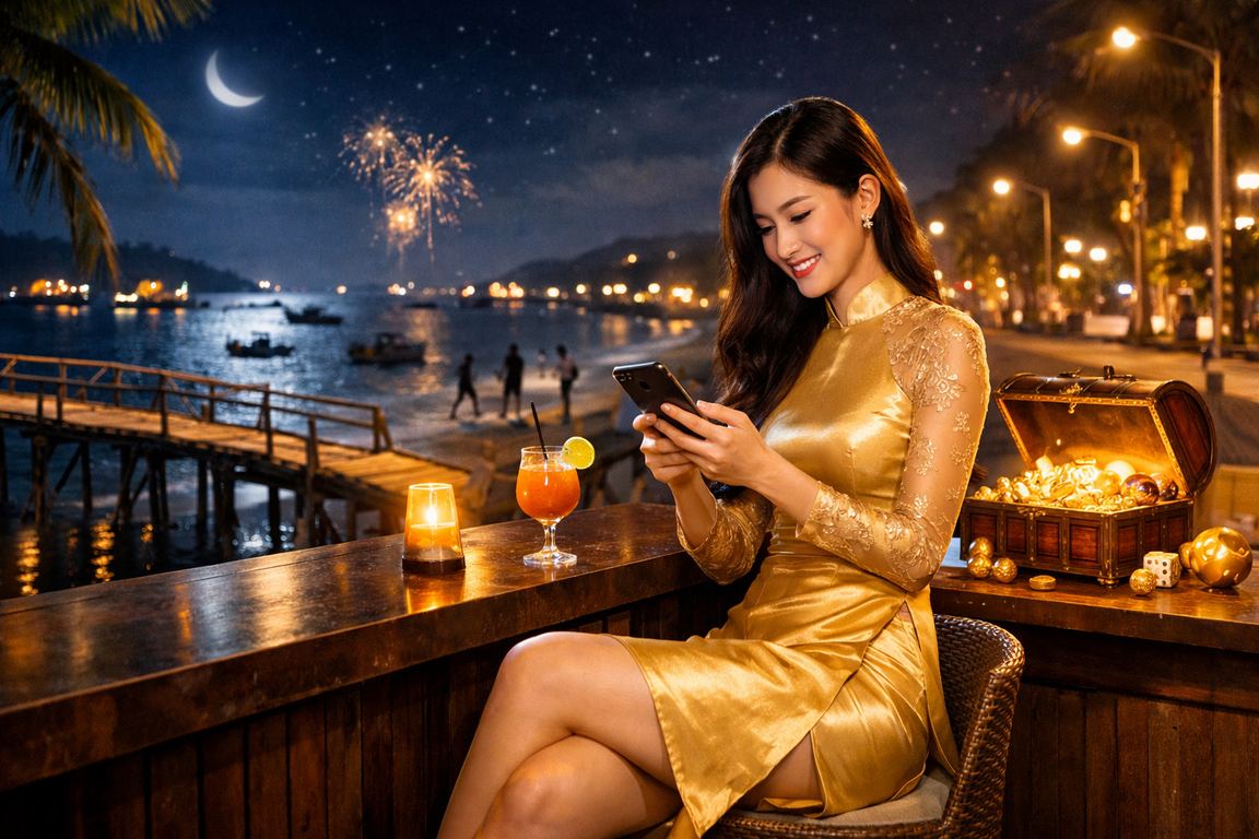 Người phụ nữ mặc áo dài tại Mũi Né sử dụng điện thoại trải nghiệm casino trực tuyến