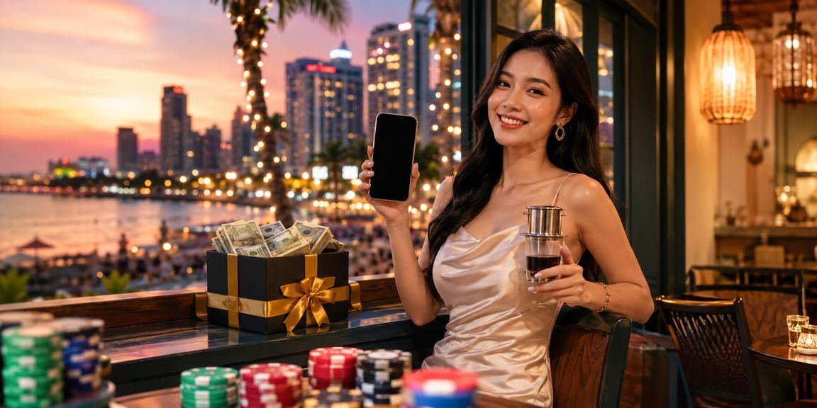Người dùng tại Phú Quốc trải nghiệm casino trực tuyến trên điện thoại bên ly cà phê