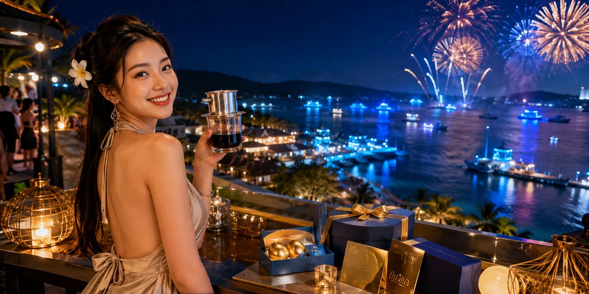 Du khách tại Phú Quốc nhận ưu đãi VIP khi tham gia a9e qua điện thoại trong quán cà phê bãi biển